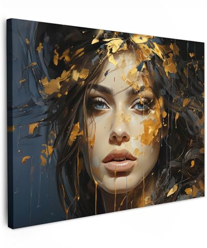 MuchoWow© Leinwand 80x60 cm Deko Schlafzimmer Aesthetic Leinwandbilder Wohnzimmer Gemälde Foto Geschenk Living Room Decoration Frau - Gold - Kunst - Luxus - Porträt