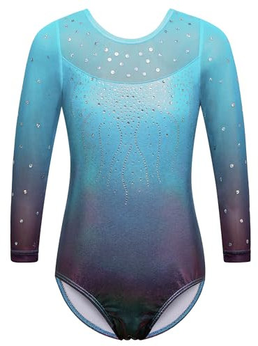 ZNYUNE Kinder Gymnastik Trikot mit Pailletten Mädchen Gymnastikanzug Langarm in Tüll B285 Blue 5A