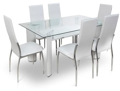 S & S Saldos y Stocks Mesa de Cristal Templado + 6 Sillas en Polipiel/Metal Blanco 150x90 cm