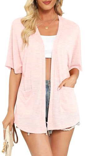 Wiwclo 2025 Womens Short Sleeve Kimono Cardigans Lightweight Summer Cardigan Casual Loose Beach Cover Up Curved Hem with Pockets,Light Pink,Large
