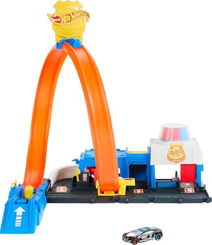 Hot Wheels Spielzeugauto Streckenset, Super Polizeiwache-Spielset mit Die-Cast-Fahrzeug im Maßstab 1:64 und anpassbaren Loopings für unterschiedliche Renn- und Stuntmöglichkeiten, JBM71
