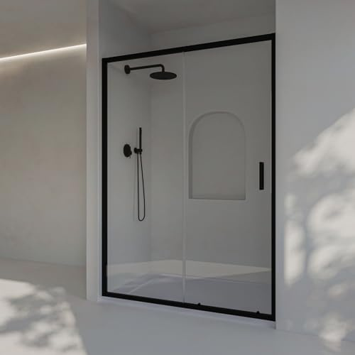 SoulHome Mampara ducha frontal 138,5 a 143cm x Alto 195cm REVERSIBLE, Negro | 1 Corredera + 1 Fijo, Con Perfil Inferior, Vidrio transparente de seguridad 6mm, tratamiento antical, Medida 140cm