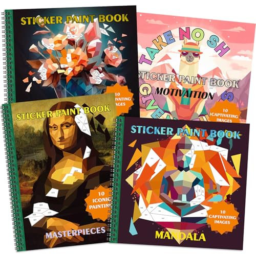 Sticker Book Adults (Set of 4) | Reusable Sticker Book with Flower, Mandala, Motivation, Masterpieces Themes | Paint Sticker Book Collection for Adult