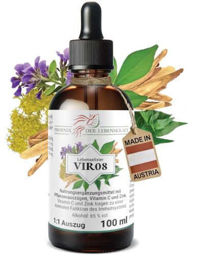 Phoenix der Lebenskraft VIR08 Lebenselixier - 1:1 Kräuterauszug mit Vitamin C & Zink - 4 Pflanzen: Süßholz, Baikal-Helmkraut, Kalmegh & Färberwaid - 100 ml Tinktur, 65% vol