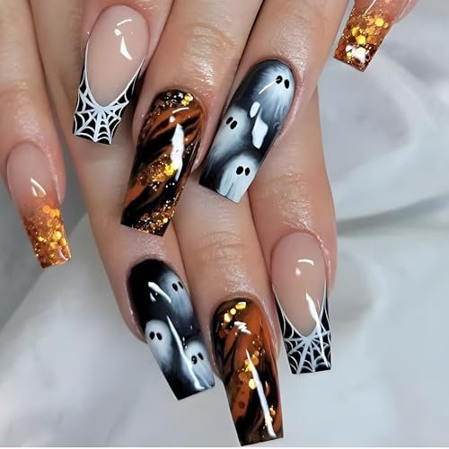 Caiguoer 24pcs carrés toile d'araignée Halloween faux ongles fantômes citrouille faux ongles longueur par ongles pour les femmes et les filles (A, Une taille)