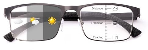 OKH Photochrome Multifokus Lesebrille für Herren Progressive Multifokale Lesebrille Blaulichtfilter Metall UV-Schutz Sonnenlesebrille (Metallgrau 2,0)