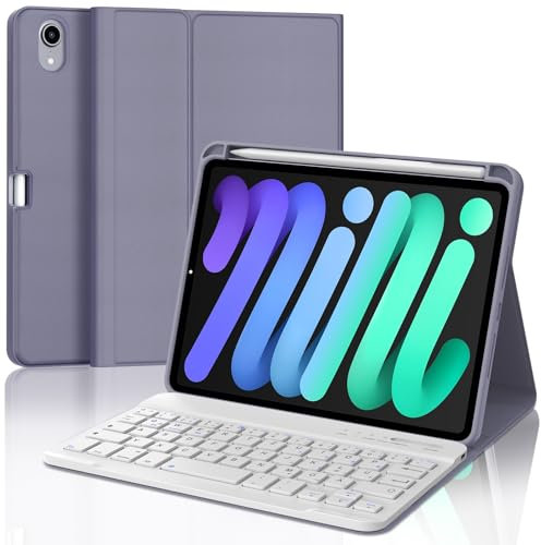Funda con Teclado para iPad Mini 7 2024/iPad Mini 6 2021, Teclado para iPad Mini 7/6 Generación 8.3, Teclado Inalámbrico Bluetooth Desmontable para iPad Mini 6/7 Generación 8.3 pulgadas, Púrpura