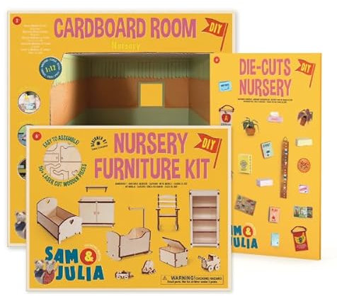 Sam & Julia - Basis Bastelset Babyzimmer- Miniatur Zimmer, Puppen-Möbel und Stanzbögen 1/12 fürs Puppenhaus zum selber basteln – Bastelset enthält: Mini-Kartonzimmer, Möbelbausatz, Stanzbögen-Set