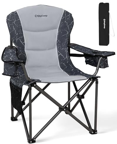 KingCamp XL Camping Chairs for Adults, Heavy Duty Folding Camping Chair Up to 452 lbs, Padded Camp Chair with Armrest/Cooler Bag/Lumbar Back/Cup Holder, High Back Chairs for Garden Beach, Grey