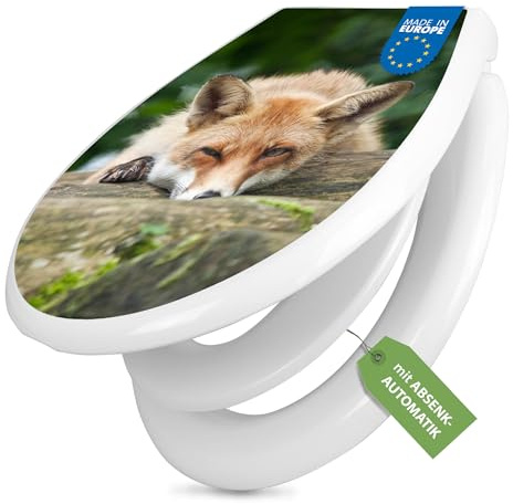 banjado Familien WC Sitz mit Absenkautomatik 44,5x37cm / Klodeckel/Klobrille mit Kindersitz aus hochwertigem Polypropylen/Toilettensitz Kindersitz integriert - Motiv Fuchs Relax