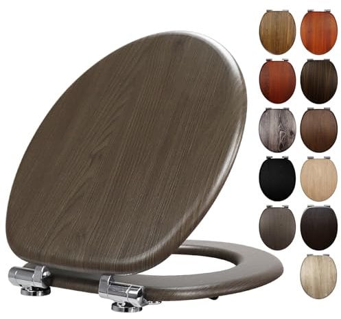 Fanmitrk Brown Wooden Toilet Seat with Soft Close Adjustable Solid Hinges, MDF Wood Oval Toilet Seat (JHE183-2A-01)