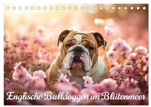 Englische Bulldoggen im Blütenmeer (Tischkalender 2026 DIN A5 quer), CALVENDO Monatskalender: Blumenfreuden mit Bulldoggen: Ein Kalender für Hundeliebhaber (CALVENDO Tiere)