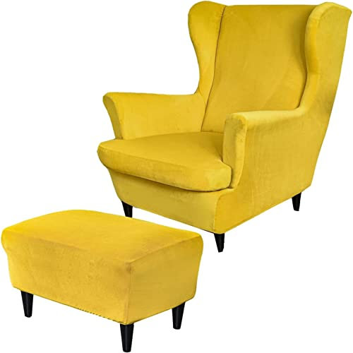 JCPQDWTD Stretch-Samt-Plüsch-Tiger-Ohrensessel-Schonbezug mit Ottoman-Bezug, gelbes Ohrensessel-Bezugsset