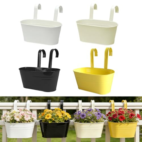 TINGSING 4pcs Pots de Fleurs à Suspendre en Métal Double Crochet Balcon | Drainage • Noir et Blanc • Clôture, jardin, maison • Intérieur et extérieur