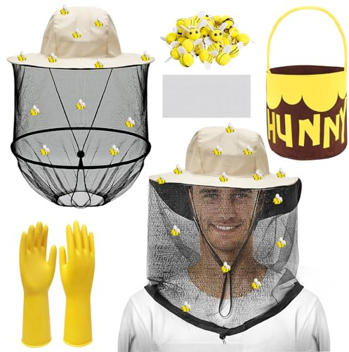 Maazusa 29Pcs Halloween Beekeeper Set for Adult Bee Hat Veil Gloves Bucket 24 Bees Felt Bucket 50 Pcs Round Double Sided Tape, Beekeeper Fancy Dress for Halloween Cosplay Party