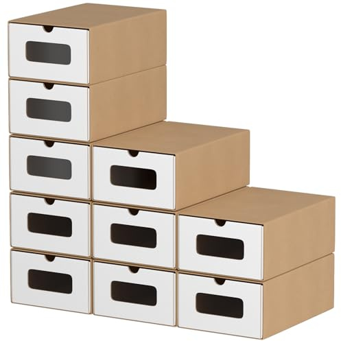 Hebitod 20x Schuhaufbewahrung WEISS/BRAUN mit Sichtfenster – Faltbare Aufbewahrungsbox 35×23×13,5 cm Stapelbar Schuhkarton Schuhbox Schublade Allzweckbox aus Pappe Kraftpapier für bis Größe 45
