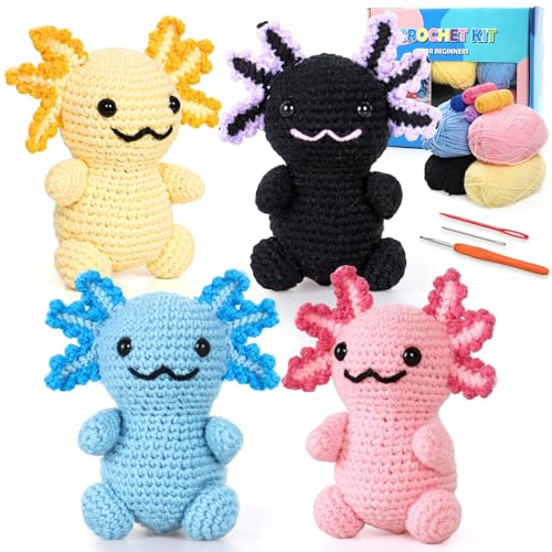 Weldomcor Häkelset für Anfänger, 4 Stück Axolotl Tiere Häkelset Häckeln Stricken für Anfänger Set mit Schritt für Schritt Video Tutorials Häkelnadel Set für Erwachsene Kinder Geschenk