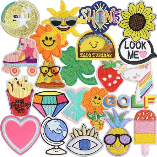 23 Stück Aufnäher zum Aufbügeln auf Obst Sun Bügelbilder Iron on Sew on Patches Bestickte Patches Aufnäher für Aufnähen oder Aufbügeln auf Kleidung Kleid Hut T-Shirt Jeans Rucksäcke