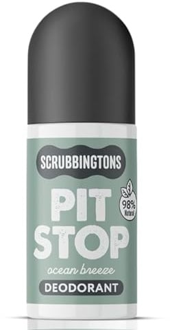 Scrubbingtons Pit Stop 98% Natural Deodorant For Women, Men, Roll On For Sensitive Skin Made in UK, Aluminium & Alcohol Free, Vegan & Cruelty Free, Ocean Breeze 75ml