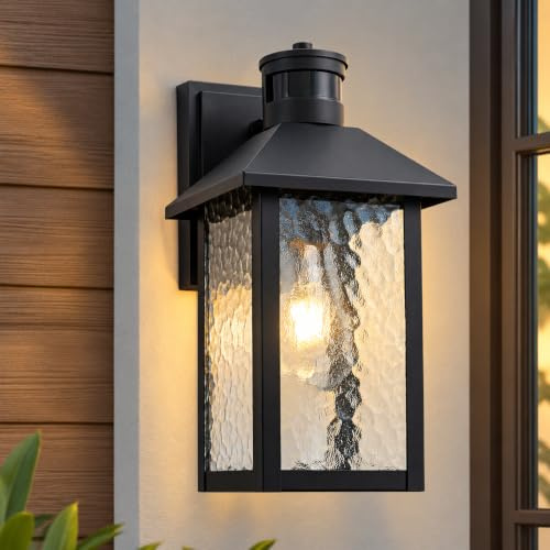 FTL Außenwandlampe mit Bewegungsmelder, 3 Beleuchtungsmodi Aussen Wandleuchte mit Wassergeriffeltes Glas, Dämmerung bis Morgengrauen Aussenlampe Wand Laterne, E27 Terrassenlampen für Veranda, Garten
