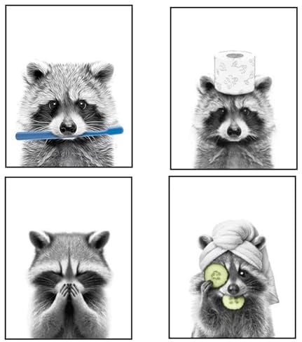 FAINCA 4 Stück Poster Badezimmer Bilder Badezimmer Bild 20x30cm Rahmenlos | Bilder Toilette A4 Wasserfest Bild Gäste WC Waschbär Grau Weiß Matte Oberfläche für Wohnzimmer Schlafzimmer Büro Küche