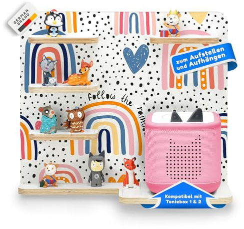 stadtecken Holzregal passend für Toniebox 2 I Geeignet für ca. 30 Tonies I Perfekte Aufbewahrung im Kinderzimmer I Regal zum Aufstellen oder Aufhängen (Follow the Rainbow, Mit Schmalen Boden)