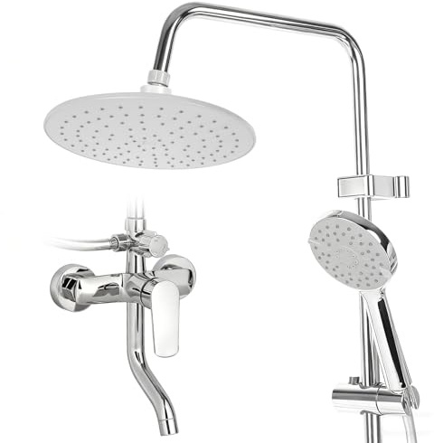 3-Function Shower System, Adjustable Height Shower Mixer Set with Rainfall Showerhead, Handheld Spray & Bath Spout, Wall-Mounted Chrome Bathroom Faucet Kit