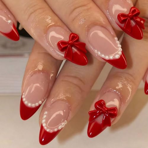 TESGADGETS Lot de 24 faux ongles en forme d'amande à coller taille moyenne rouge design stiletto French-Tip avec nœud 3D et perles en acrylique, idéal pour la Saint-Valentin