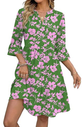 Zeagoo Sommerkleid Damen V-Ausschnitt 3/4 Arm A-Linie Knielang mit Taschen | Rüschen 3/4 Ärmel|Lose Freizeitkleid|Elegant Swing kleid|Gestuftes Kleider|Casual Strandkleid|S-2XL