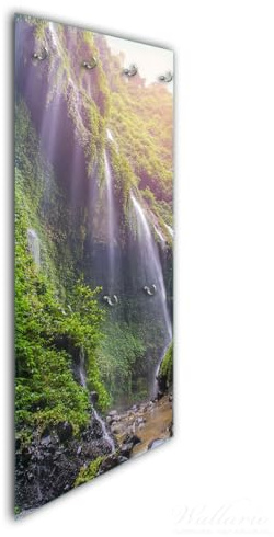 Wallario Wandgarderobe aus Glas in Größe 50 x 125 cm in Premium-Qualität, Motiv: Wasserfall im Morgenlicht | 7 Kleiderhaken zum Aufhängen von Jacken