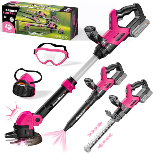Rose - Set di attrezzi da giardino 3 in 1 per bambini, con suoni e luci, controllo del volume, tagliaerba giocattolo, soffiatore e tagliasiepi, giocattoli da giardino per esterni