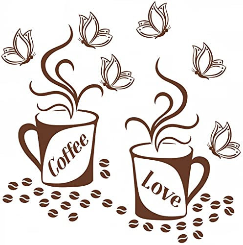 WandSticker4U®- 2 KAFFEETASSEN + 6 SCHMETTERLINGE in Braun -COFFEE & LOVE- I Wandtattoo Küche Kaffee-Bohnen Liebe selbstklebend I Wand Deko Spruch Aufkleber für Esszimmer Büro Café