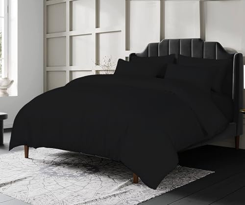 Crescent Collection Luxury 100% Cotton Plain Duvet Cover With Pillow Case Quilt Cover Bedding Set (Black, King)