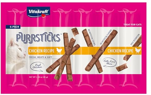 Vitakraft PurrSticks Meaty Cat Sticks - Chicken - Segmented and Breakable Meatstick - Deliciously Tender, 6 Count (Pack of 1)