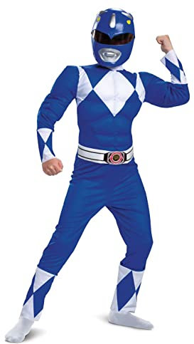 Disguise Power Rangers Kostüm Kinder, Blaues Muskelkostüm, Karneval Kostüm Kinder, Größe M (7-8 Jahre)