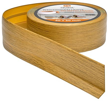 Quest Battiscopa Morbido Adesivo - 50 mm x 20 mm - Listello in PVC, Finitura Flessibile, Profilo Angolare per Cucina, Bagno, Parete, Pavimento - Decorativo (Rovere, 25m)