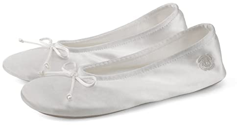BCTEX COLL Women’s Ballerina House Slippers with Bow, Ladies Satin Bedroom Slipper with Suede Sole Indoor (8-9, White, numeric_8)