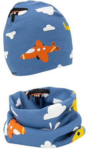 Foruhoo Baby Mädchen Beanie Mütze + Schlauchschal 2er Set, Wintermütze für Jungen Mädchen Baumwolle (43 und 0-6 Monate, Blau Flugzeug)
