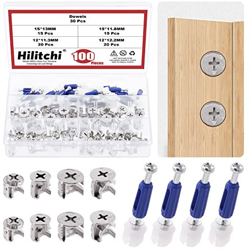 Hilitchi 100 dadi di bloccaggio 3 in 1 per mobili, raccordi con tasselli, bulloni eccentrici per ruote, connettori di fissaggio per mobili (15 x 13/15 x 11,8/12 x 11,3/12 x 12,2 mm)