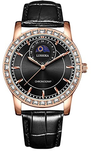 rorios Herren Analog Quarz Uhren Geschäft Leuchtend Armbanduhr Wasserdicht Diamant Zifferblatt Uhren mit Lederarmband Mondphasen Männer Uhren Schwarz