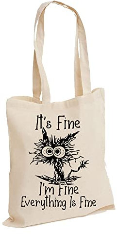 It's Fine I'm Fine Everything is Fine Funny Cat Cartoon Meme Cotton Tote Bag