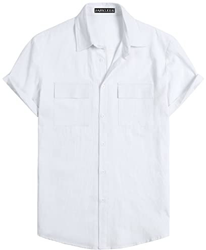 PARKLEES Men's Retro Cotton Short Sleeve Button Up Shirts Casual Beach Tops with Pocket PZHCL58 White XXL