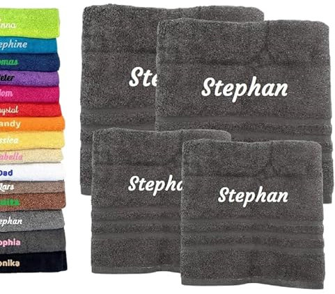 4er Pack Personalisiertes Handtuch und Badetuch mit Namen Schön gestickter Name Handbadetuch 100% Baumwollhandtuch 2X (50 x 100 cm) + 2X (140 x 70 cm) Personalized Custom Towel with Name (Grau)