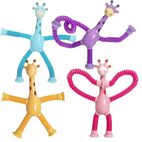 JWORRA 4 piezas de juguete telescópico con ventosa jirafa, jirafa, tubos pop juguetes, jirafas sensoriales, juguetes educativos divertidos para aliviar el estrés para niños y adultos
