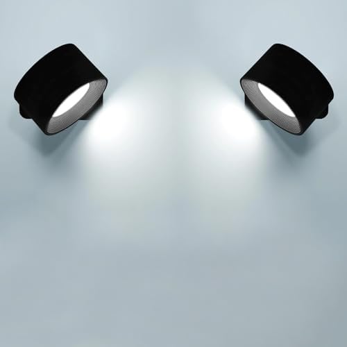 Anmossi Lámpara de pared LED,2 Piezas,Aplique Pared Interior con Batería de Carga USB,3 Colores y 3 Niveles de Brillo Focos,360 ° Giratorio de Control Táctil Lámparas de Pared Inalámbricas(Negro)