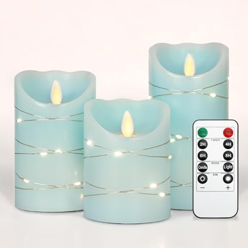 Cafemoon Blue Flameless Candles with String Lights, Real Wax Wick, Remote Timer, Set of 3