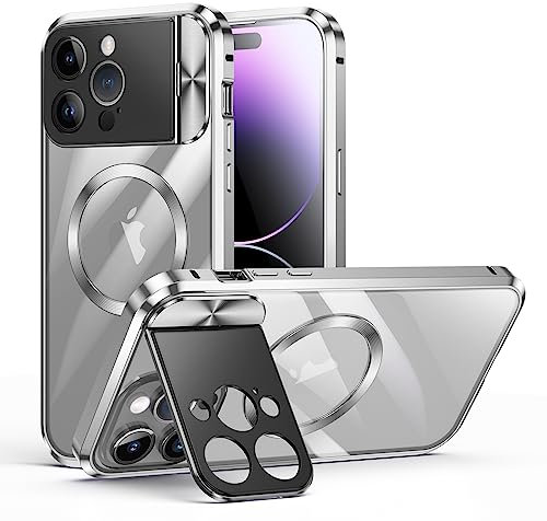 iPhone 15 Pro Hülle, doppelseitige Schnalle, kompatibel mit Magsafe Magnetische Adsorption Metallstoßstange, mit Kamera-Abdeckung, Ganzkörperschutz, Metall-Stoßfängerhülle (Silber, iPhone 15 Pro)