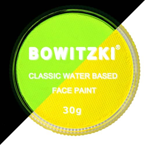 Bowitzki Peinture professionnelle pour le visage et le corps - 30 g - À base d'eau - Sans danger pour les enfants et les adultes - Couleur unie - Pour Halloween, Noël, fête (jaune fluo)