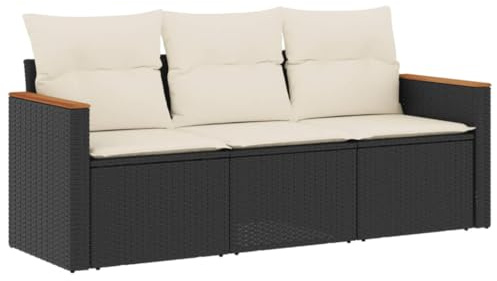 vidaXL 3-TLG. Garten-Sofagarnitur mit Kissen Schwarz Poly Rattan