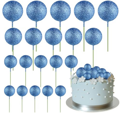 ASTARON 20 Pcs Ball Cake Topper Decorations Mini Balloons Cake Topper Sticks Blue Glitter Balls Cake Picks Cake Topper Balls Cake Decorations for Wedding Birthday Cake Decorations